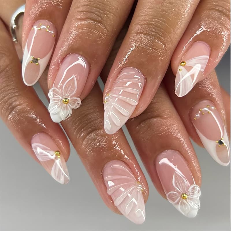 New Almond-Shaped Press-On Nails 24-Piece Set with White Ribbon Flower Rhinestones, Pure and Elegant Style