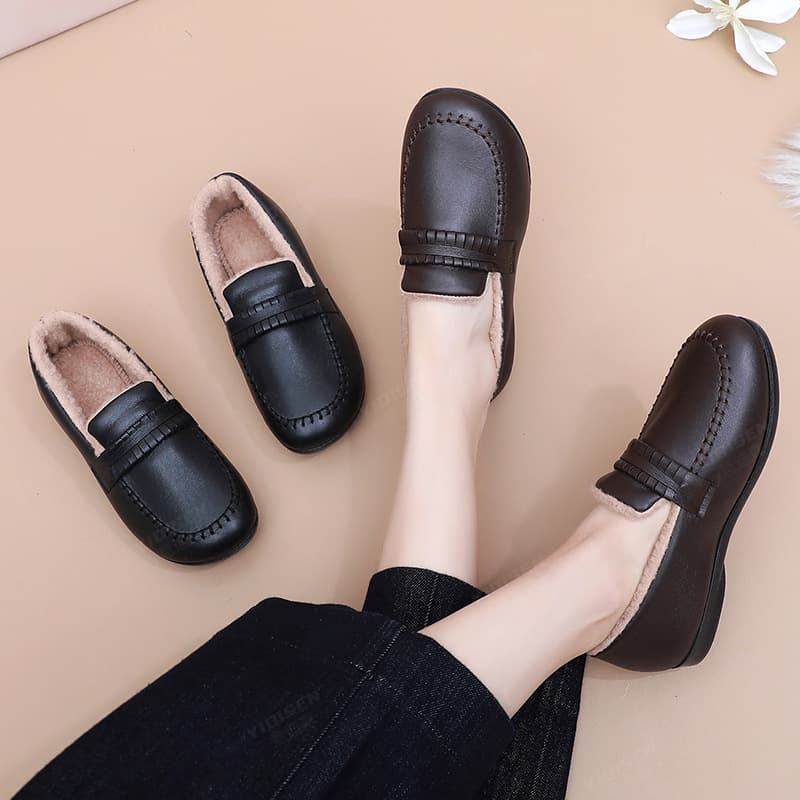 Winter New Fleece-Lined Thick Soft Warm Middle-Aged and Elderly Mother Shoes, Slip-Resistant Slip-On Soft Sole Plush Shoes, Cotton Shoes