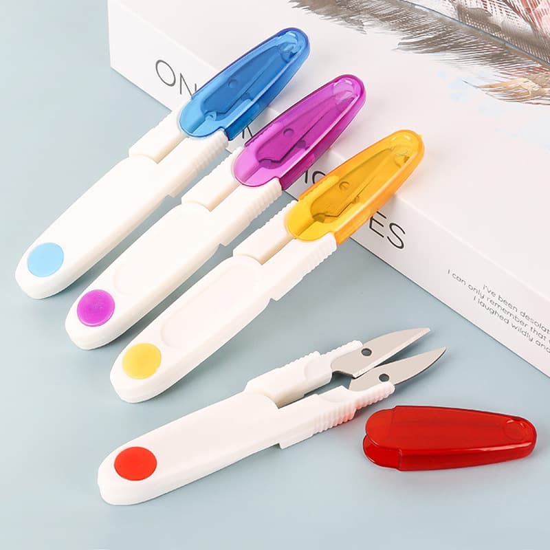 Cross-stitch small scissors transparent covered thread snip safety sewing scissors household U-shaped plastic spring yarn cutter wholesale
