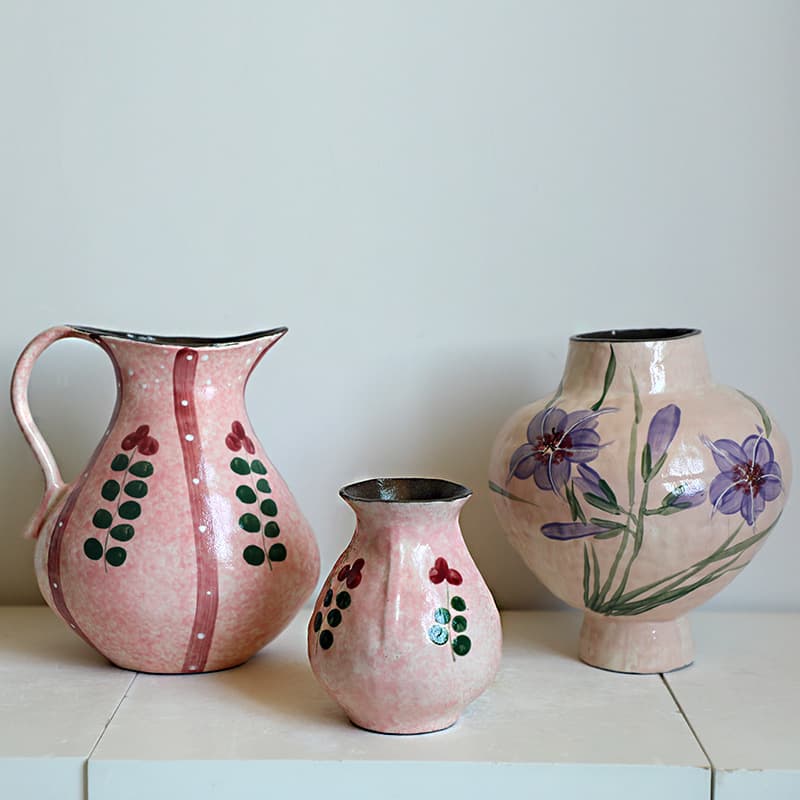 French Countryside Hand-Painted Red Berry and Purple Orchid Ceramic Vase, Distressed Pink Glaze Rustic Pottery Pitcher Vase for Homestay Decor