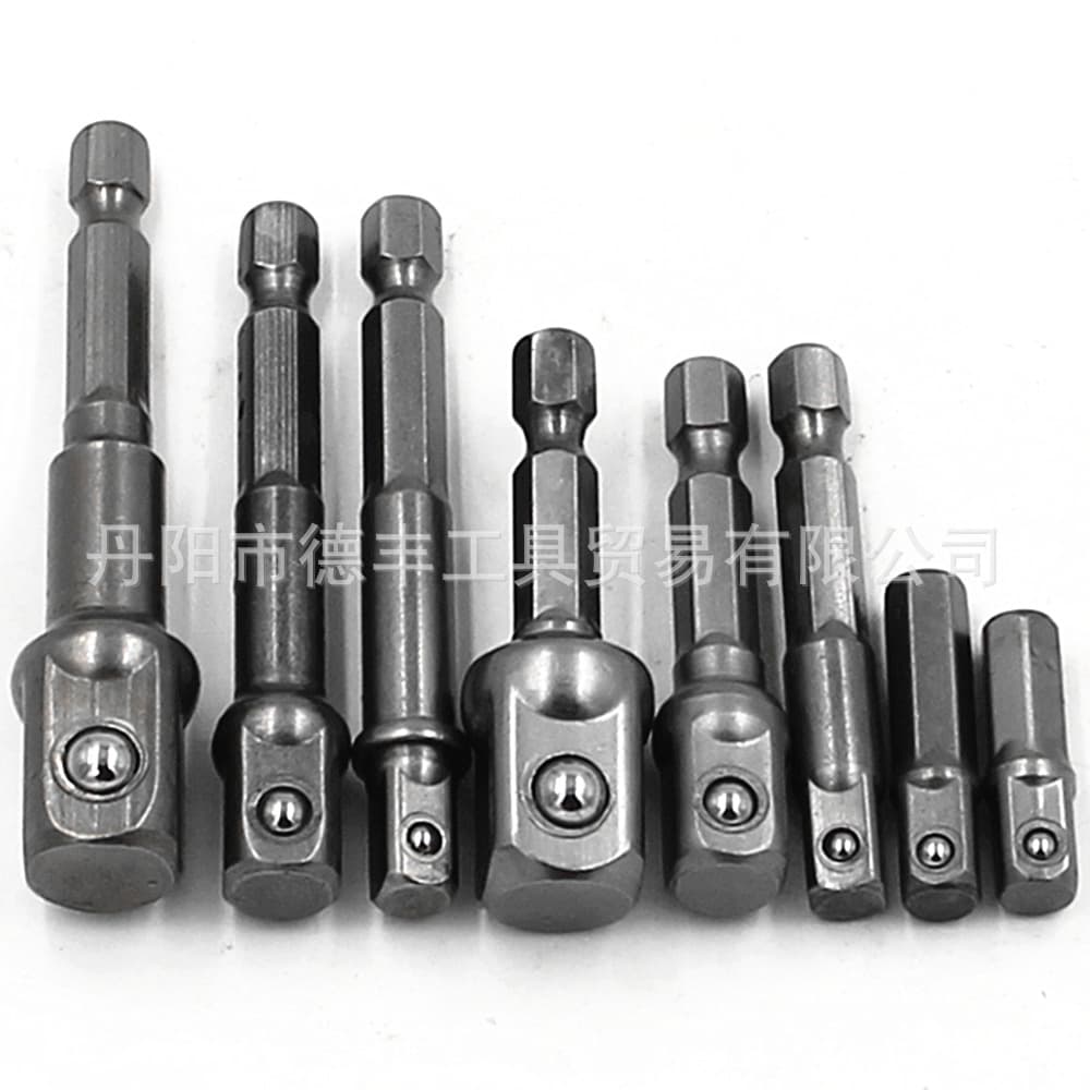 8pc adapter conversion rods, electric screwdriver adapters for 1/2, 3/8, 1/4 hex sockets, pneumatic compatible.
