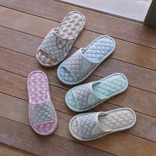 Cross-border Cartoon Plaid Korean-style Couple Cloth Sole Rubber Particle Men's and Women's Three-layer Wood Floor Slippers Fabric Slippers for All Seasons