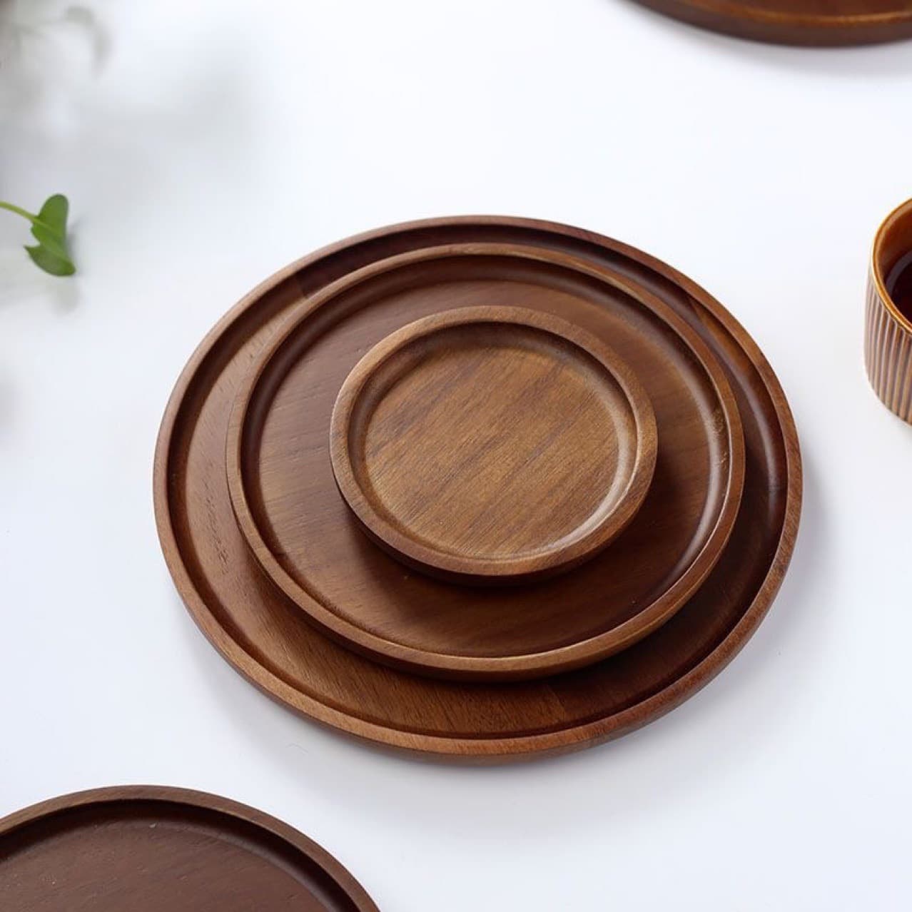 Wooden Tray Acacia Wood Hearth Snack Plate, Japanese Tea Tray Pot Brewing Solid Wood Household Wooden Utensil Round Cake Stand