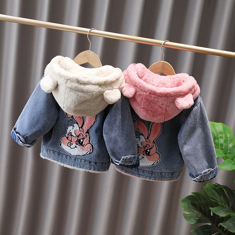 Girls' Winter Fleece-Lined Denim Jacket, Thickened Hooded Coat for Toddlers and Kids