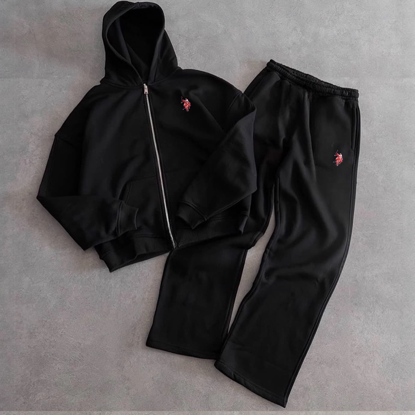 25 Navy Blue Double Zipper Hoodie Fall Winter Pony Embroidery Hoodie Set Men