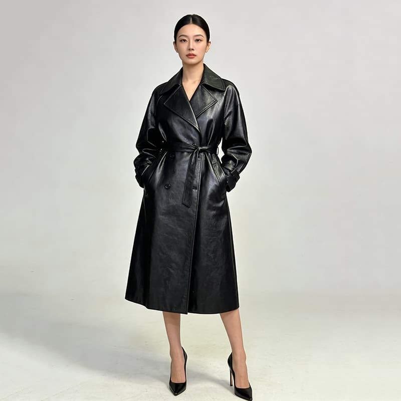 Cross-border Custom Black Lapel PU Leather Jacket Coat Women Cool Style Slim Fit Belted Winter High-end Long Coat
