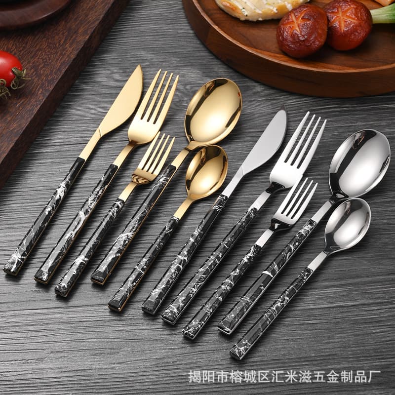 Cross-border black stone pattern handle Western food knife, fork and spoon tableware dessert spoon coffee spoon stainless steel steak knife and fork fruit fork
