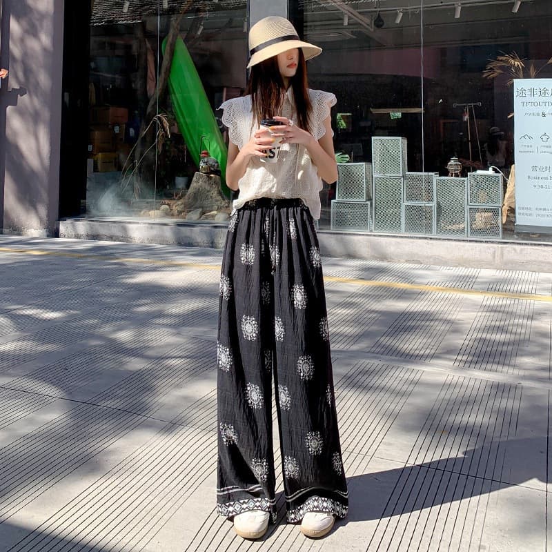 2026 Retro Wide Leg Pants Women's Summer Thin High Waist Drape Walking Pants Ethnic Style Casual Women's Pants Printed Ice Silk Pants