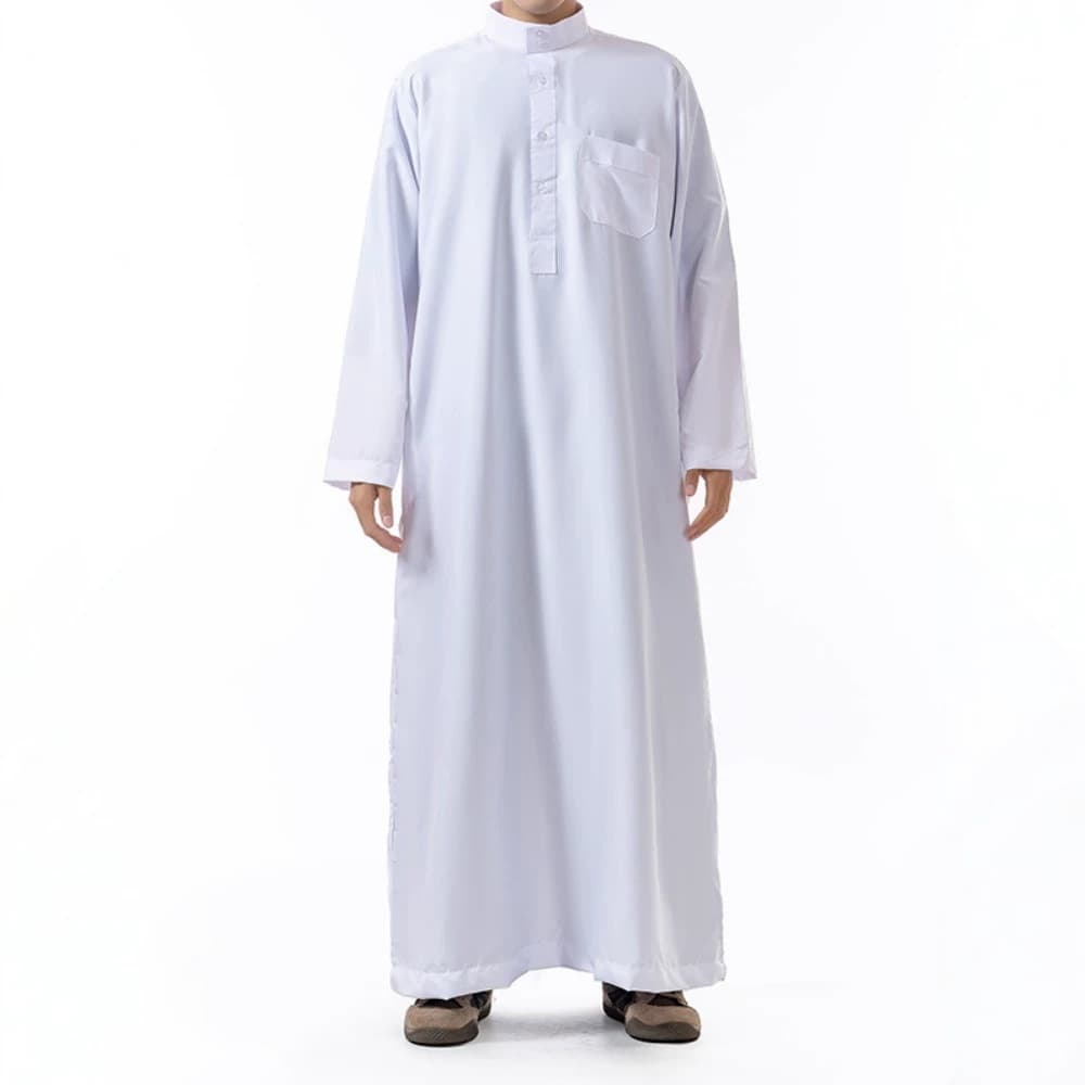 Cross-border wholesale long-sleeve stand-collar Hui ethnic men's clothing, polyester, simple ethnic style men's wear
