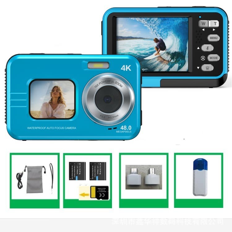 Cross-border exclusive high-definition dual-screen waterproof camera for outdoor sports, student diving, and photography.