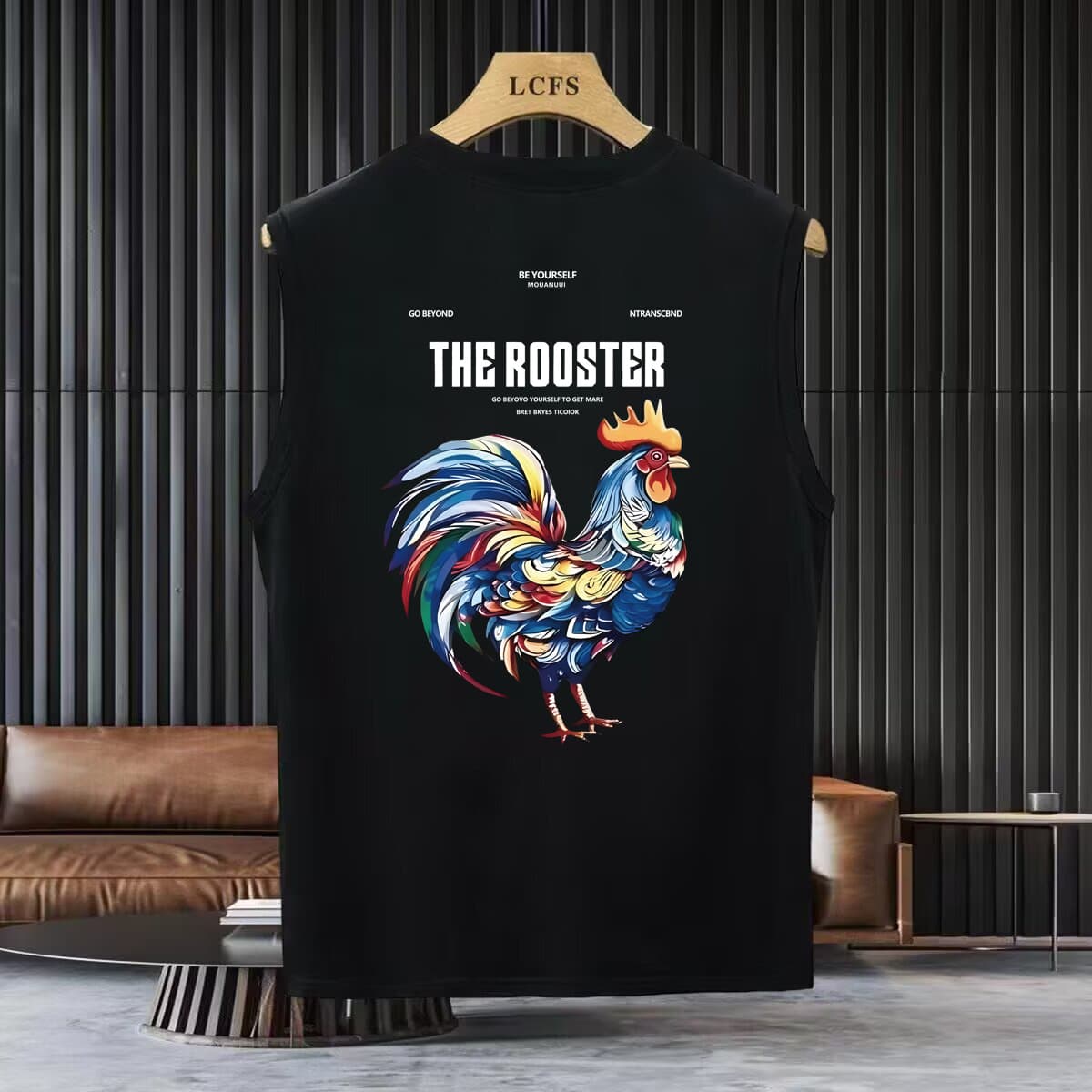 250g pure cotton vest 100% cotton round neck trendy brand American color rooster print sleeveless waistcoat men's summer new style