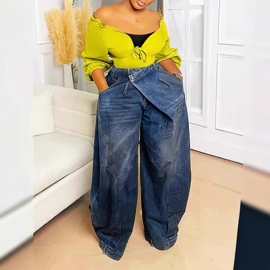 In Stock Cross-Border EU US Independent Station Amazon New Retro Washed Distressed Reversed Waistband Women's Jeans Wholesale
