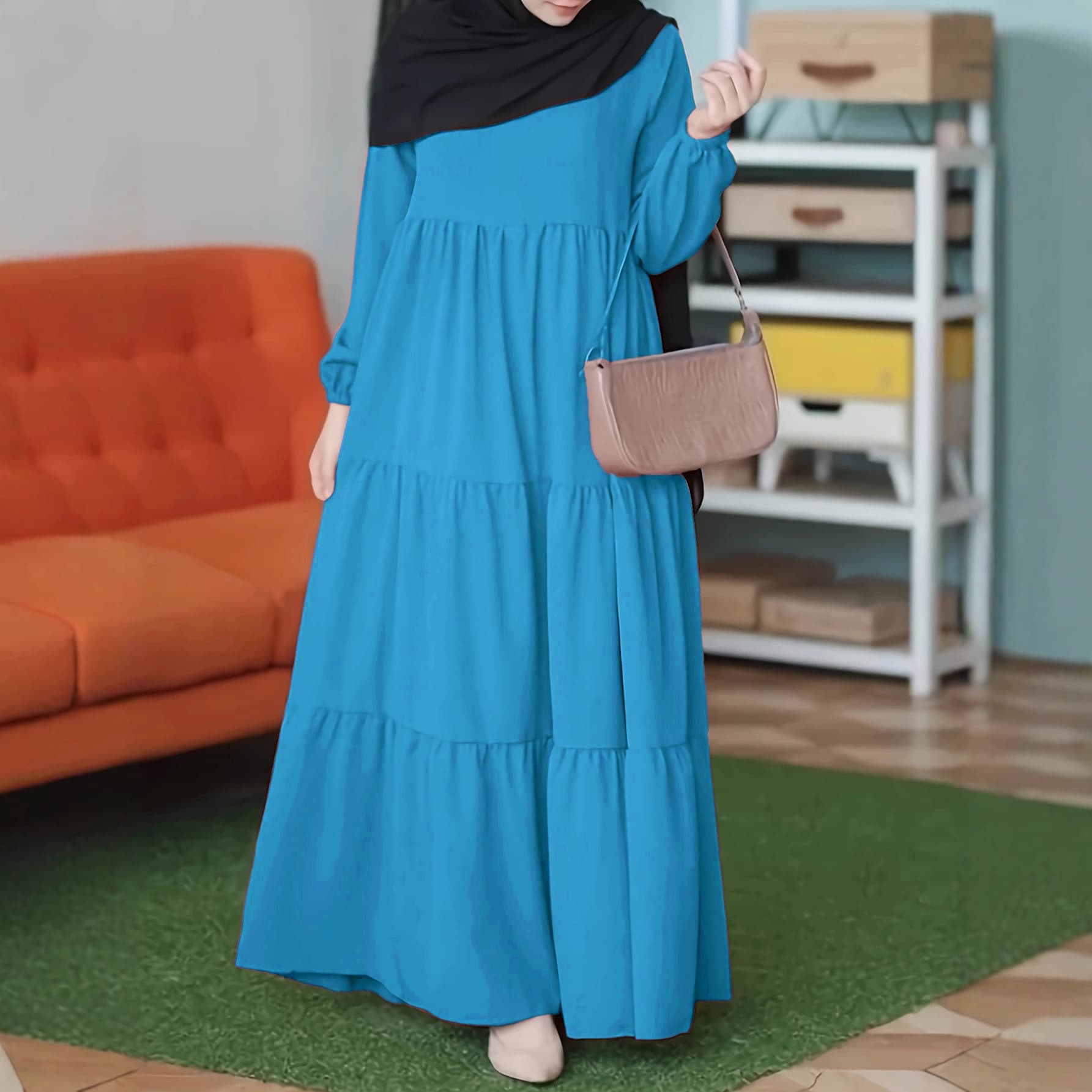 New Cross-Border Women's Long Dress Casual Loose Solid Color Round Neck Flared Dress Spring Autumn New Patchwork Ruffle Dress