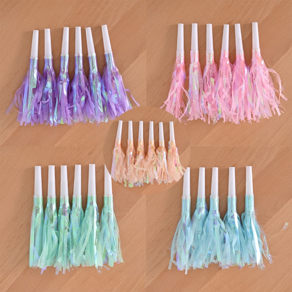 Colorful Holographic Film Paper Blowout Birthday Party Wedding Christmas Party Blowout Toy Whistle Cheer 6 pcs/Pack