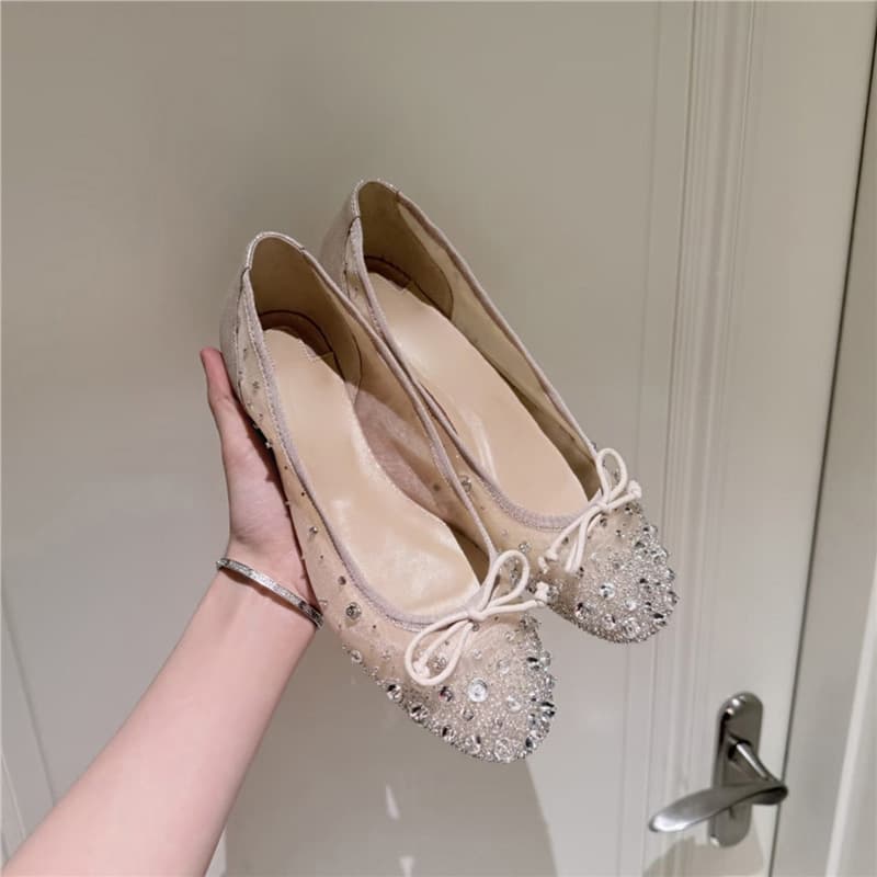 Sweet style sequin bow flat heel pump shoes for women summer fairy style ballet shoes with skirt mesh shoes
