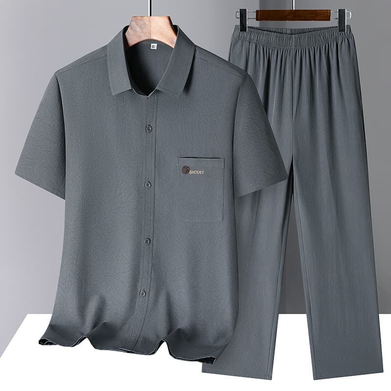 Summer Ice Silk Short Sleeve Suit for Middle-aged and Elderly Men, Dad Style, Turn-down Collar Thin Home Wear, Casual Long Pants Two-piece Set