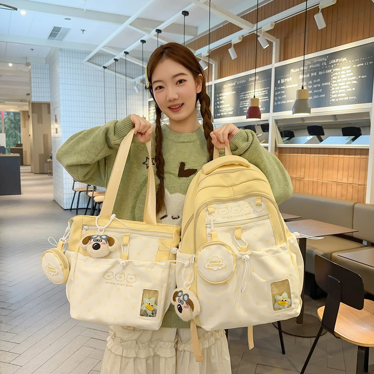 New School Style Backpack for Girls, Japanese Fresh Cartoon Polka Dot, Lightweight Travel Backpack for Middle and High School Students