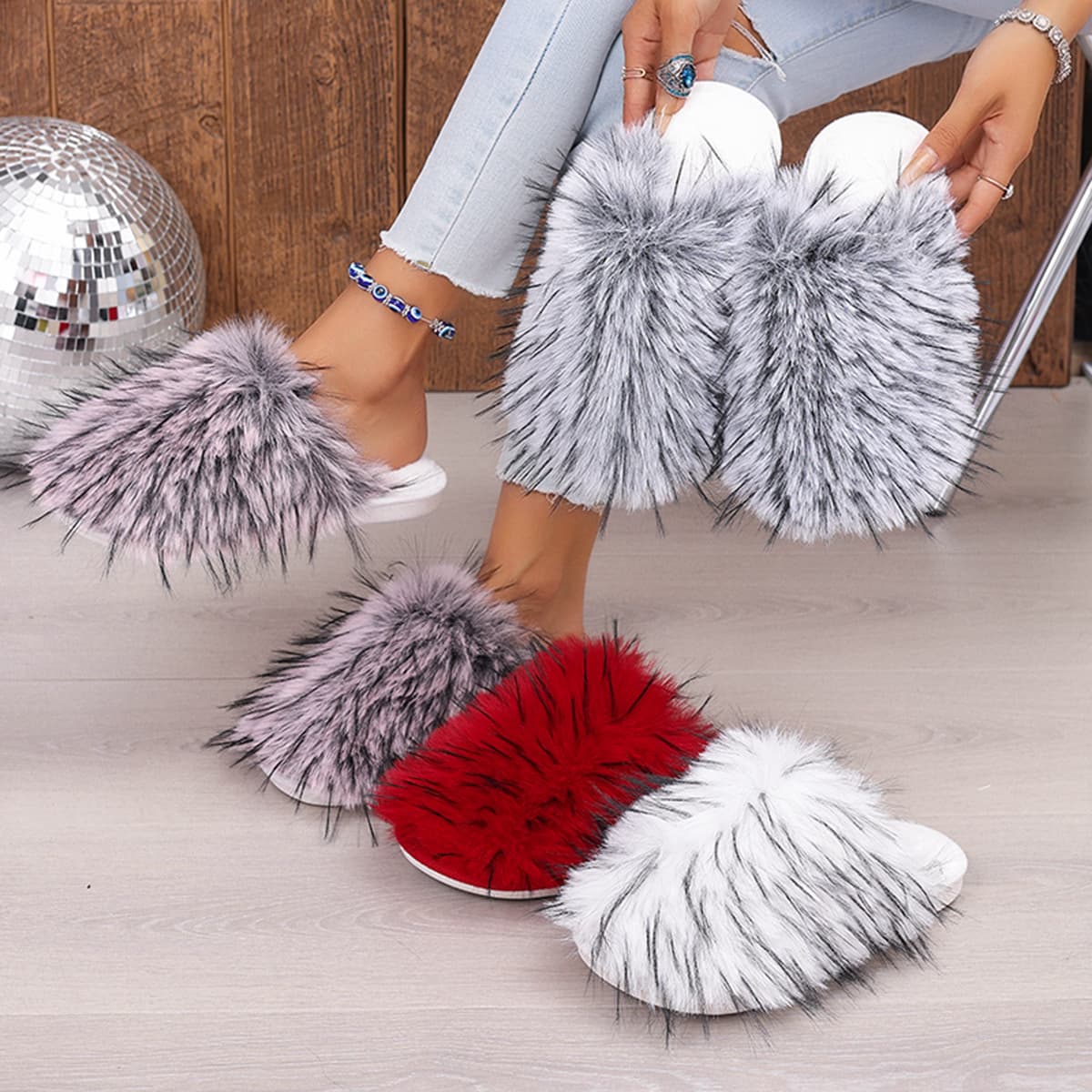 Cross-Border Amazon Plus Size Color Block Fluffy Slippers, Soft Sole Winter House Slippers, Warm Cotton Slippers