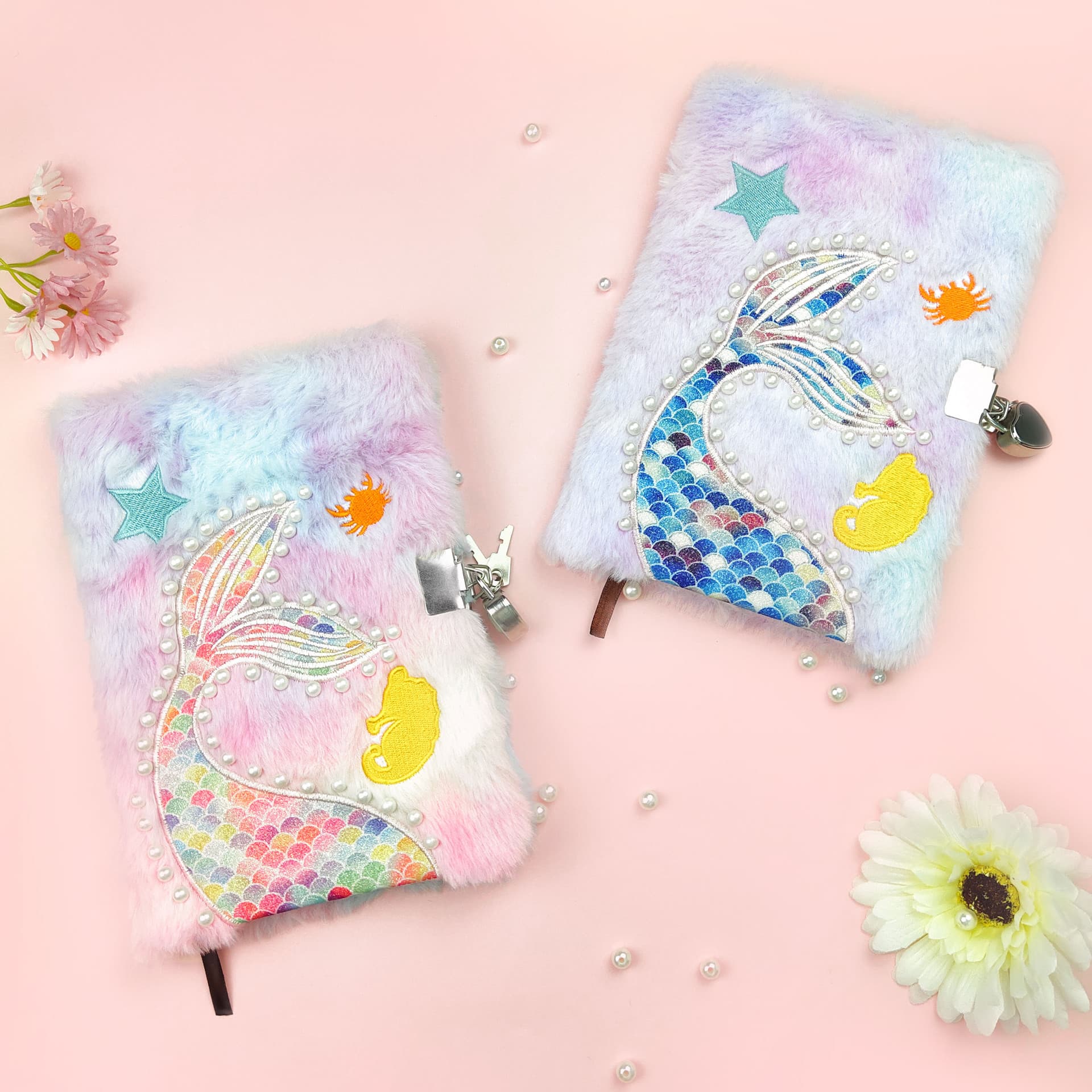 Pearl Mermaid Notebook A5 Cute Animal Glitter Plush Journal Girl Heart Cartoon Memo Diary