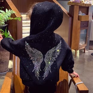 New Kids' Loose Fit Rhinestone Cardigan, Trendy Wing Design Casual Hooded Sweatshirt for Girls, Korean Style Coat