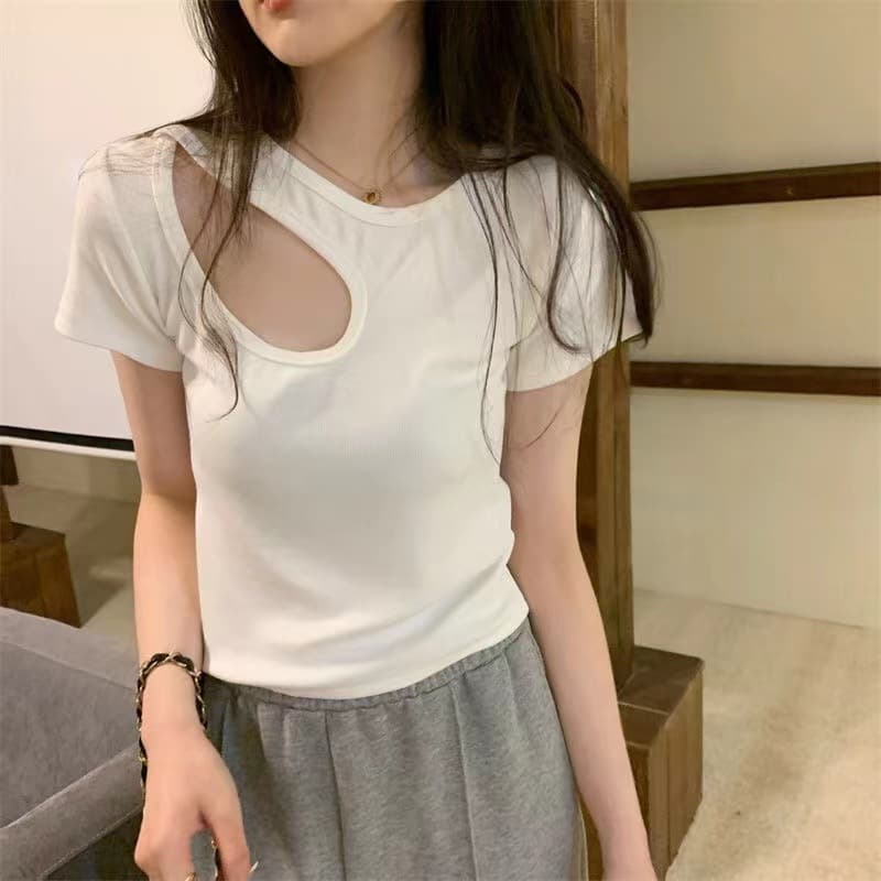 Designed Cut Out Collarbone-Exposed Short-Sleeved T-Shirt for Women, Short, Sexy, Sweet and Spicy Style, Student Waist-Revealing Top