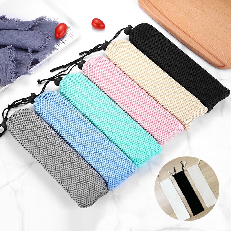 Portable travel cutlery pouch with drawstring for chopsticks, knives, forks, and spoons, made of flocked mesh or cotton linen canvas