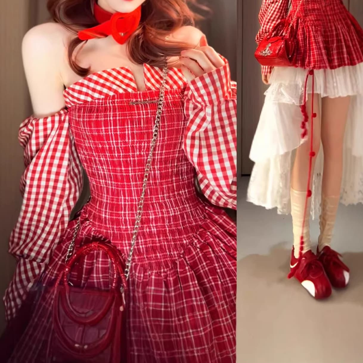 Red Plaid Striped Off-Shoulder Long-Sleeve T-Shirt for Women Spring 2026 New Waist-Tightening Slimming Tube Top