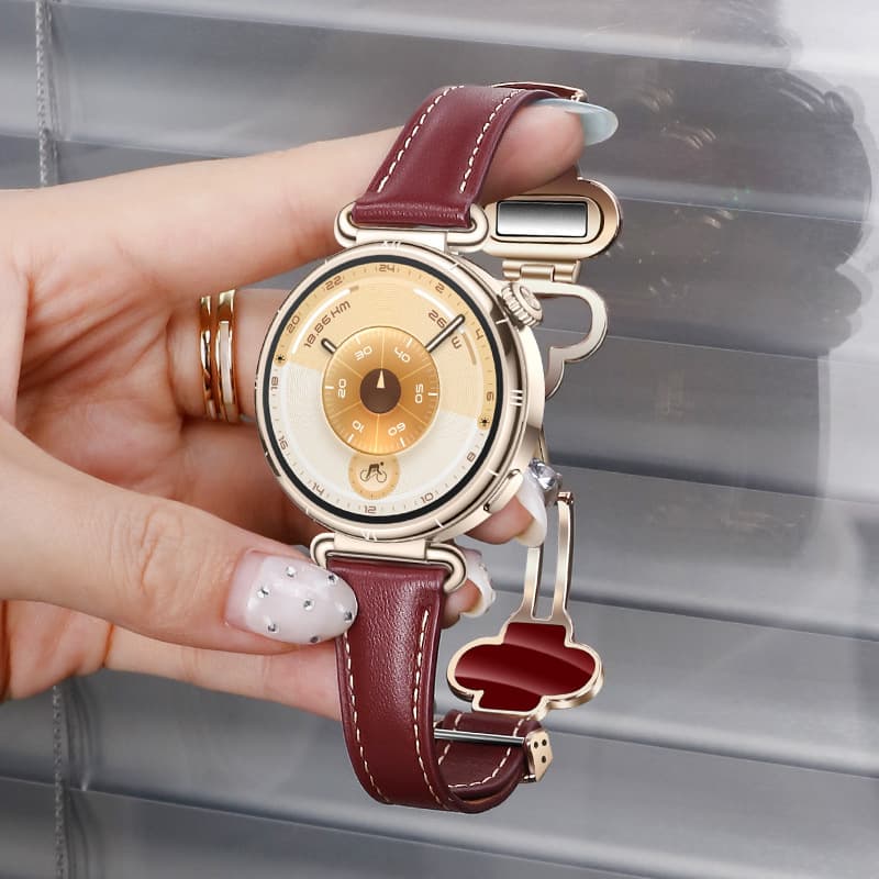 Genuine Leather Strap for Huawei GT6, Four-Leaf Clover Magnetic Clasp Slim Genuine Leather Band for Huawei Watch 5 Women