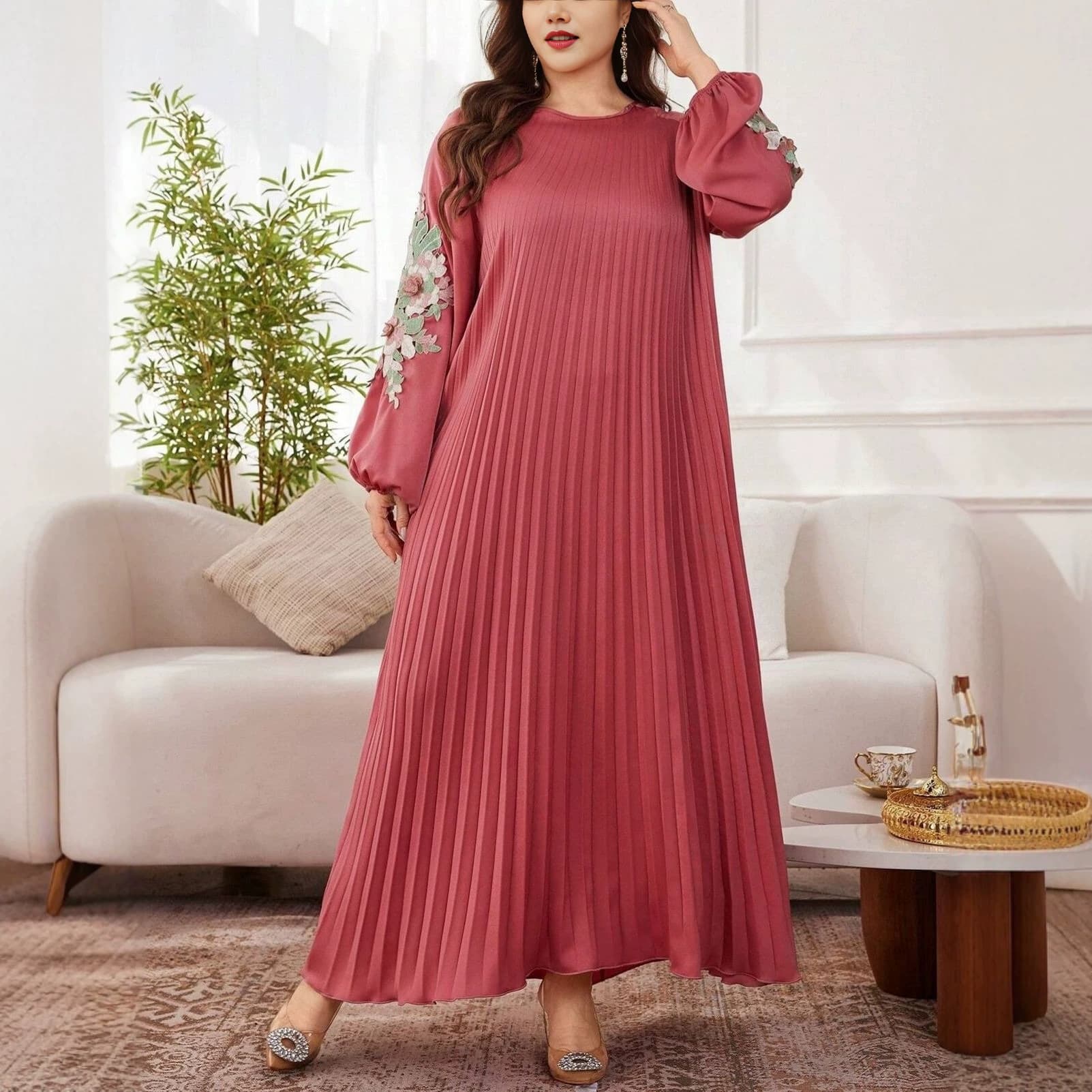 Cross-Border Plus-Size Women's Embroidered Lantern Sleeve Pleated Long Dress, Loose and Slimming Cross-Border Dress