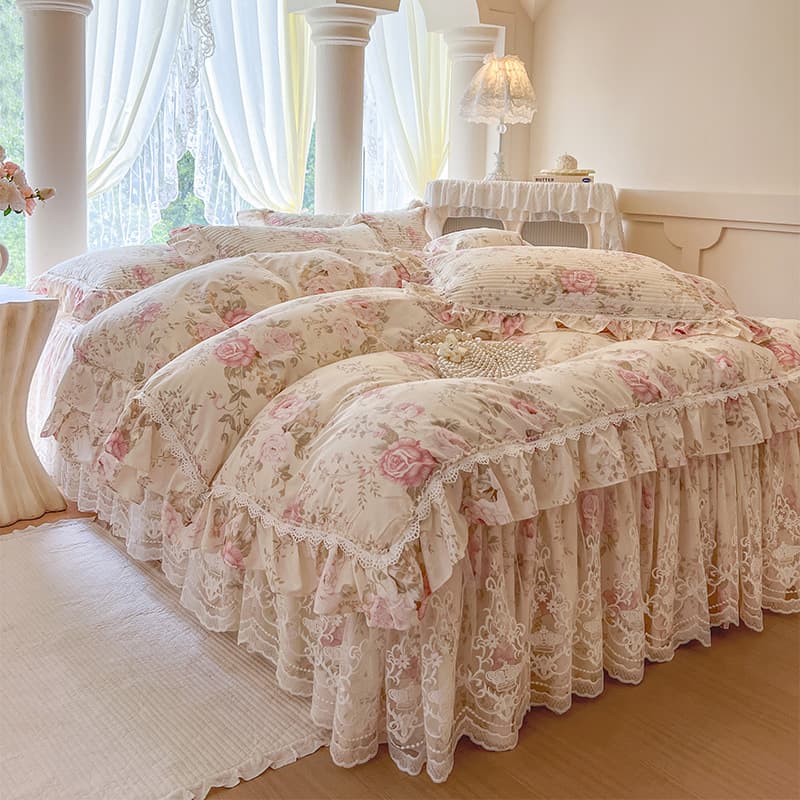 French Style Pure Cotton Printed Bed Skirt 4-Piece Set, Home & Dorm Use, Skin-Friendly Breathable Fitted Sheet and Duvet Cover