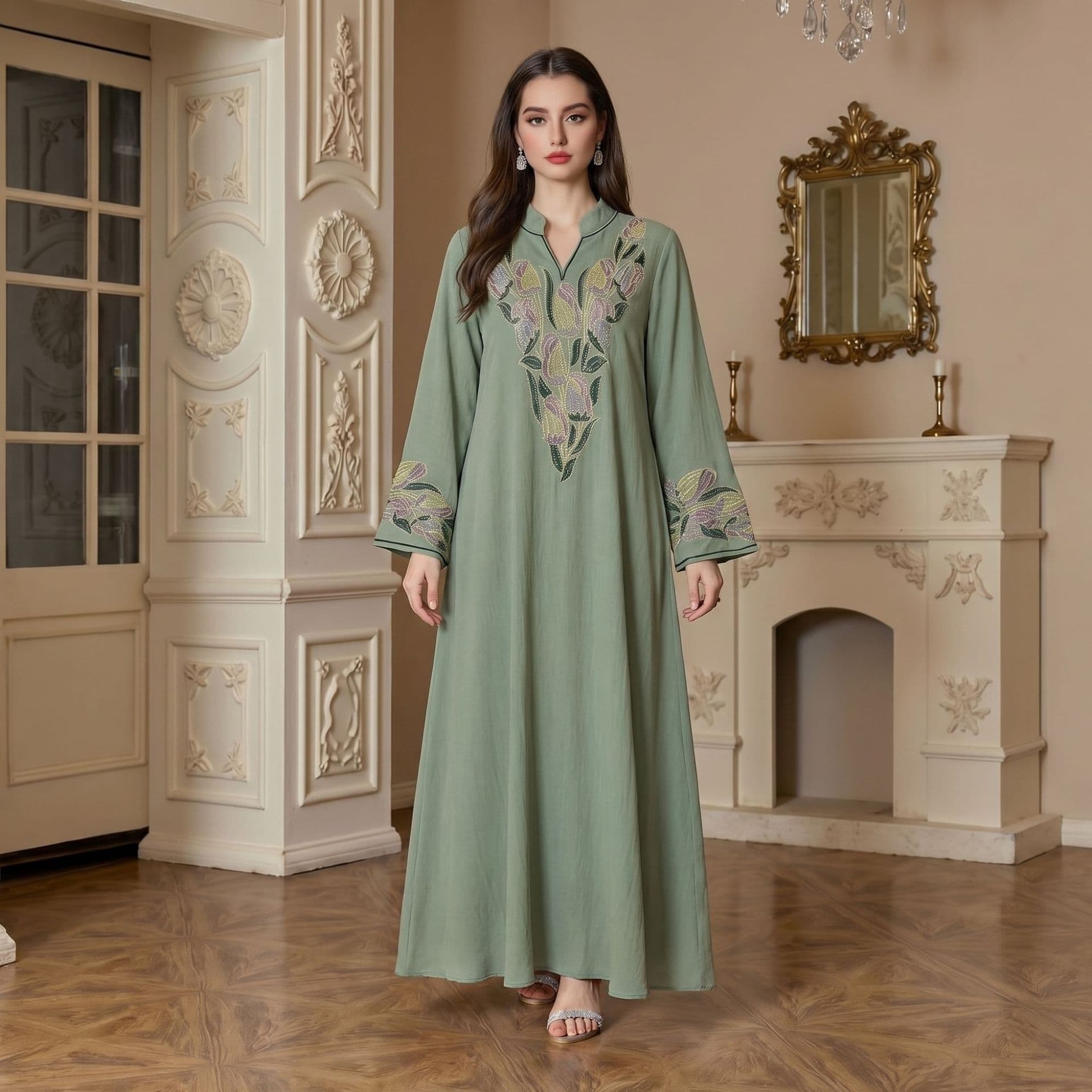 In-stock wholesale Jalabiya studded rhinestone long dress from the source factory new holiday party Abaya printed dress