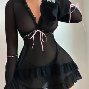 New Cross-Border Trade European and American Style Sexy Lingerie Women's Lace Mesh Polka Dot Dress Slip Nightgown Lingerie Set
