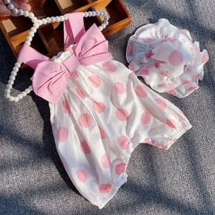 Baby Girl Princess Romper Summer Clothes Thin Cotton Bodysuit with Strap Bow Butterfly Knot Crawling Suit Pink Polka Dot