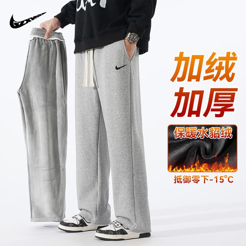 Sports Pants Men's 2024 Fall/Winter New Fashion Brand Loose Straight Pants Men's Fleece-Lined Casual Long Pants