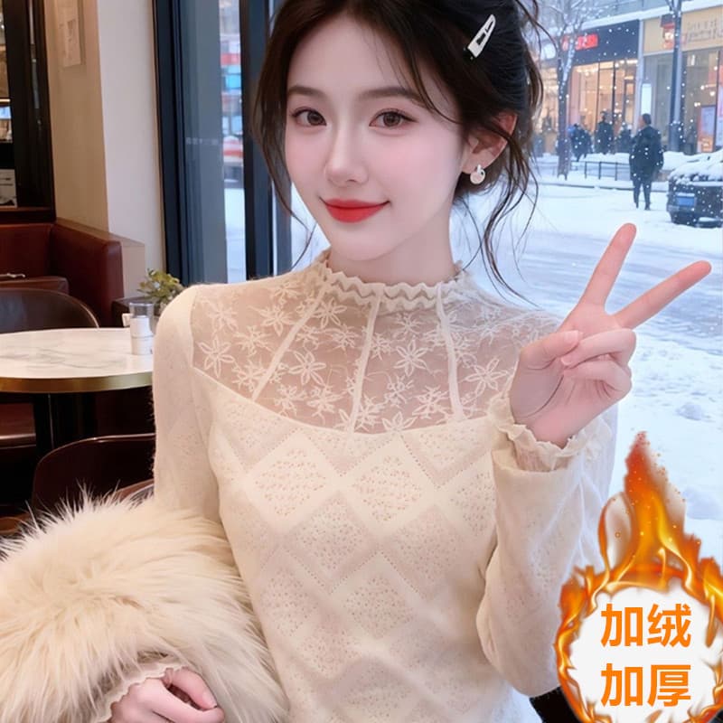 Winter New Thermal Fleece-Lined Stitched Water-Soluble Lace Knit Trim Cuff Mock Neck Top