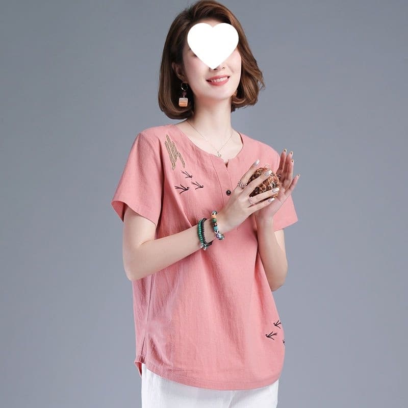 Linen-cotton T-shirt for women, summer young mother short-sleeve top, plus size, ethnic style clothing for middle-aged ladies