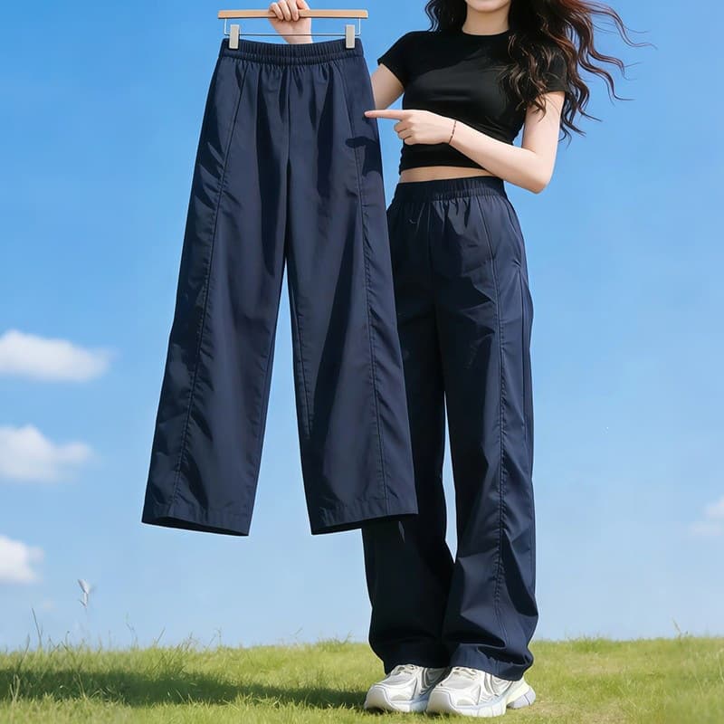 Navy Blue American-Style Work Pants for Women, New Summer Style, Plus Size, Loose Fit for Pear-Shaped Body, Slimming Casual Wide-Leg Sports Pants