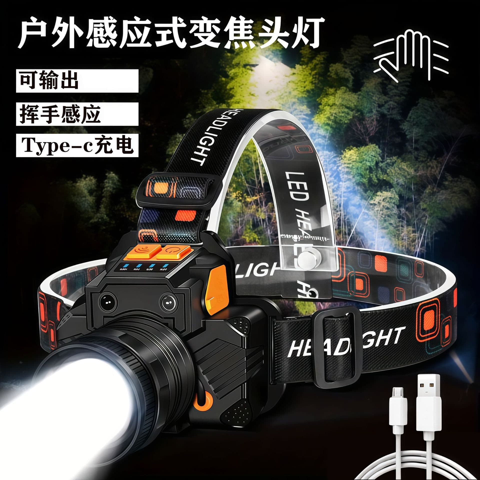 Super Bright Waterproof Rechargeable Long-Lasting LED Outdoor Headlamp for Fishing Night Fishing with Zoom and Motion Sensor
