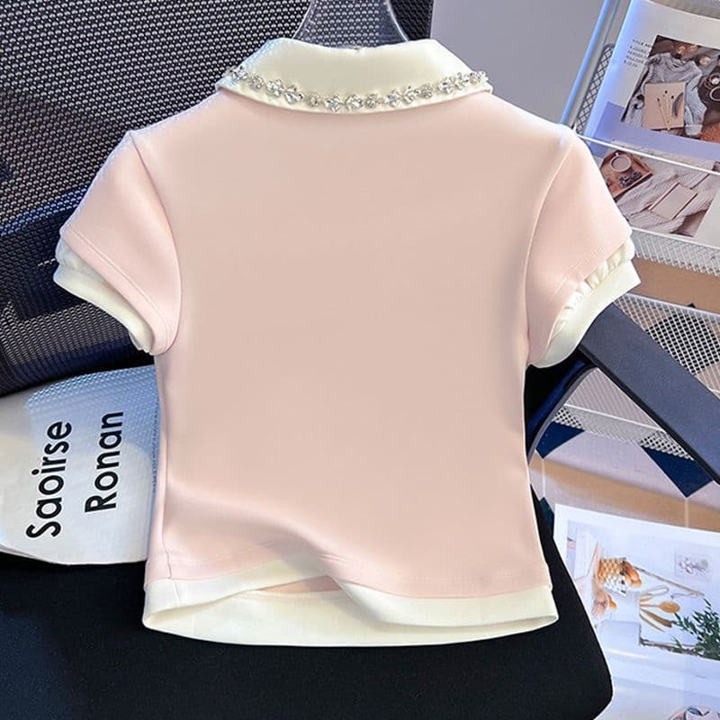 Sweet Girly Niche Short Sleeve T-Shirt for Women 2026 Summer New Style Patchwork Faux Two-Layer Polo Neck Rhinestone Top