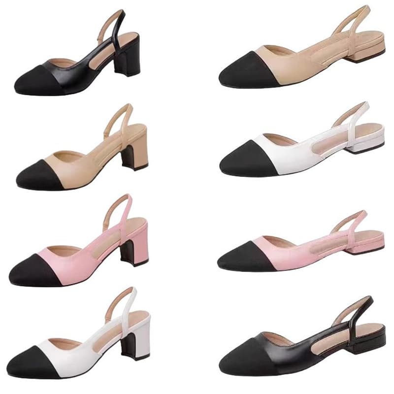 In Stock Cross-Border Large Size Women's Shoes Chanel-Style Open-Back Toe-Cover Sandals for Women, Flat High Heel Two-Tone Chunky Heel Closed-Toe Shoes Designer