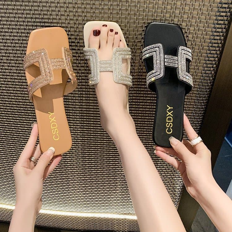 2026 Model Square Toe Flat Slide Sandals for Women with Rhinestones Beach Slippers Plus Size