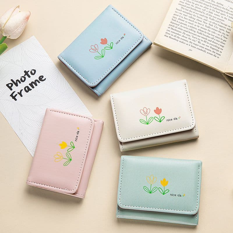 Tulip coin purse ins simple and cute women's three-fold short multi-card slot card holder wallet two-in-one wallet