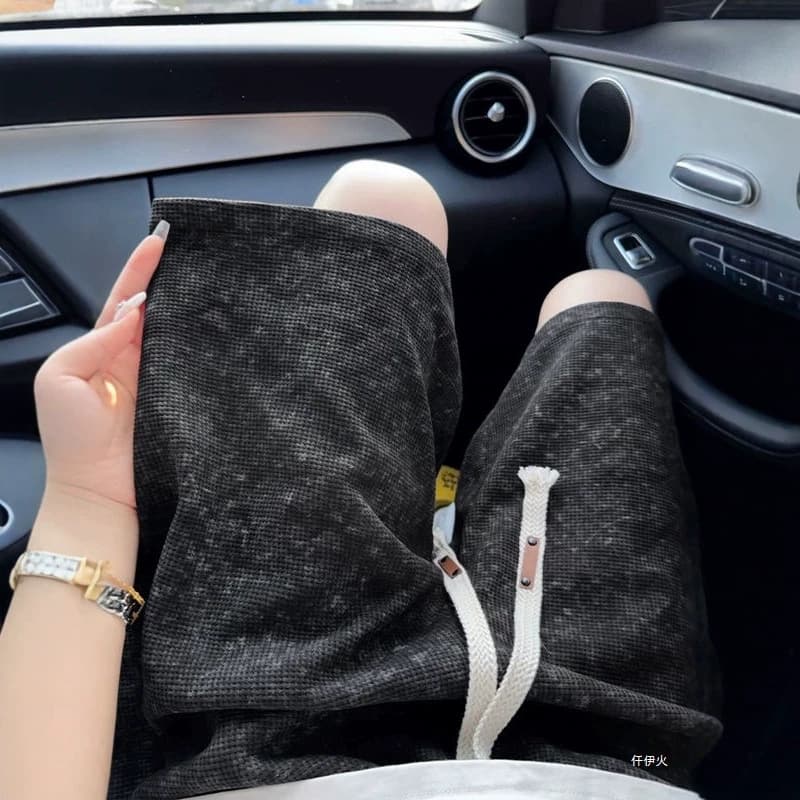 Waffle Tie-Dye Casual Shorts Men Summer Sports Beach Shorts Rogue Style Retro Loose Straight Mid-Length Shorts