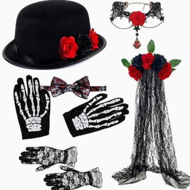 Day of the Dead Party Rose Spider Web Tulle Headband Skeleton Gloves Lace Sexy Gloves Set