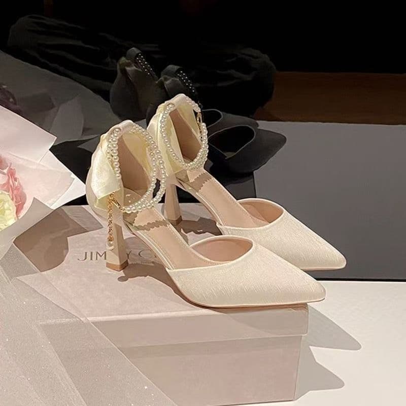 Stiletto Sandals Women 2025 New Korean Style Fairy Bow Tie Elegant Fashion High Heels Pearl Lace Pointed Toe