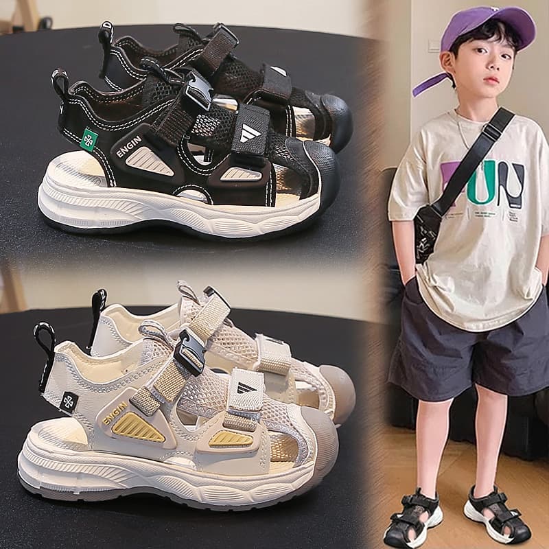 Summer boys' toe-toe sandals, breathable mesh Velcro anti-slip, boys' sandals 6-12 years old, anti-slip and breathable