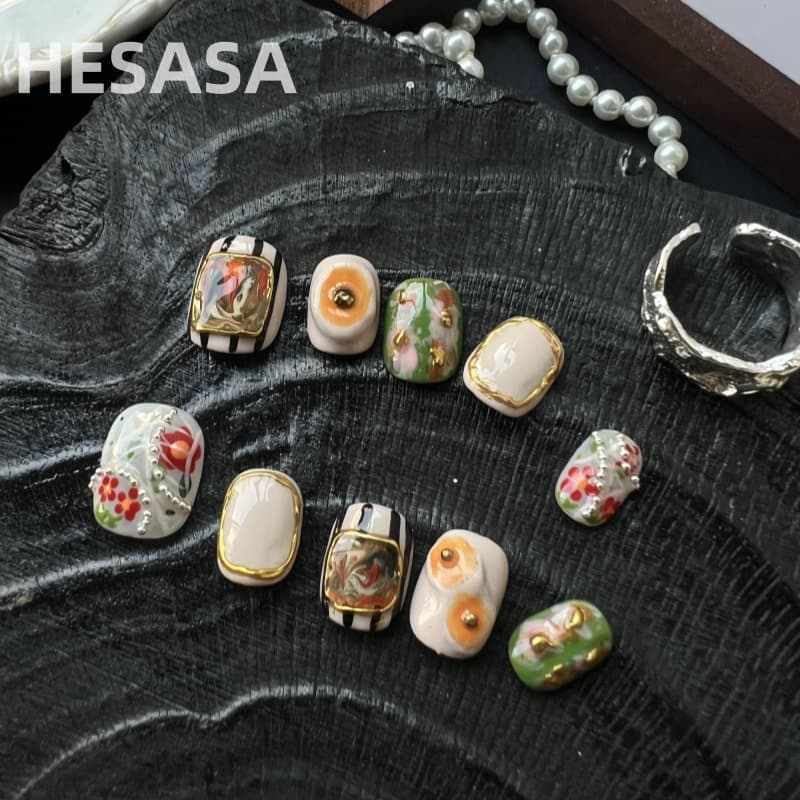 SXRQ|Hand-Painted Premium Artistic Nails [Mrs. BJ] 3D Short Handmade Oil Painting Style Press-On Nails