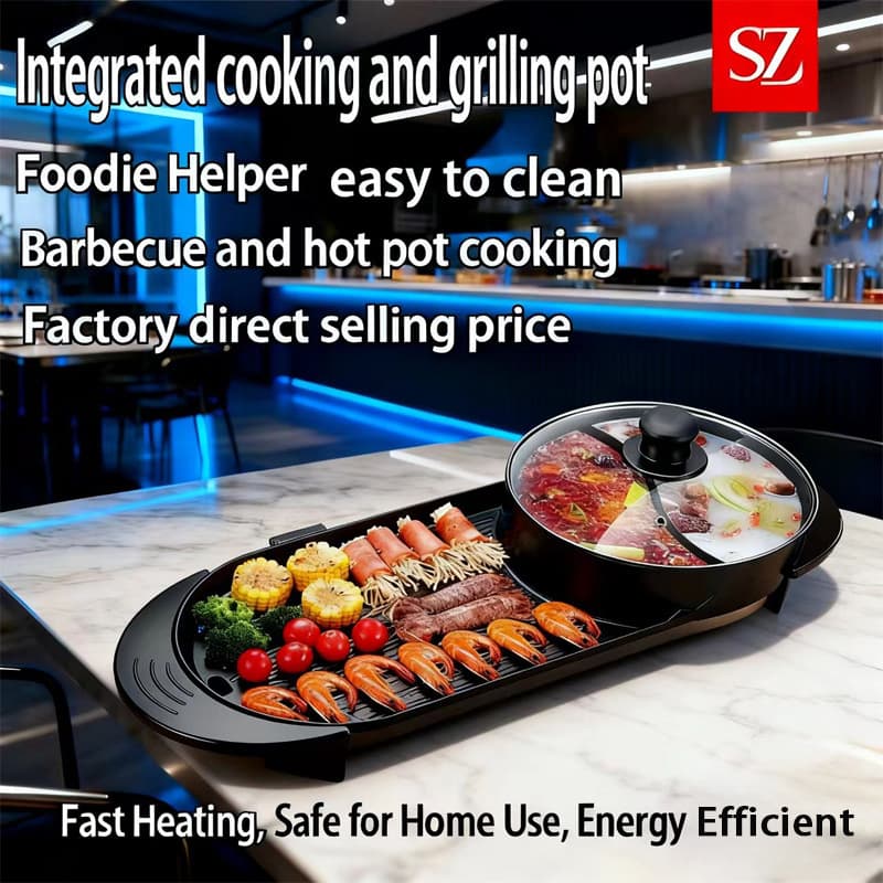 Dual Hot Pot and Grill Electric Cooker, 2-in-1 Multipurpose Home Use Electric Hot Pot with Split Pan and Electric Grill Plate