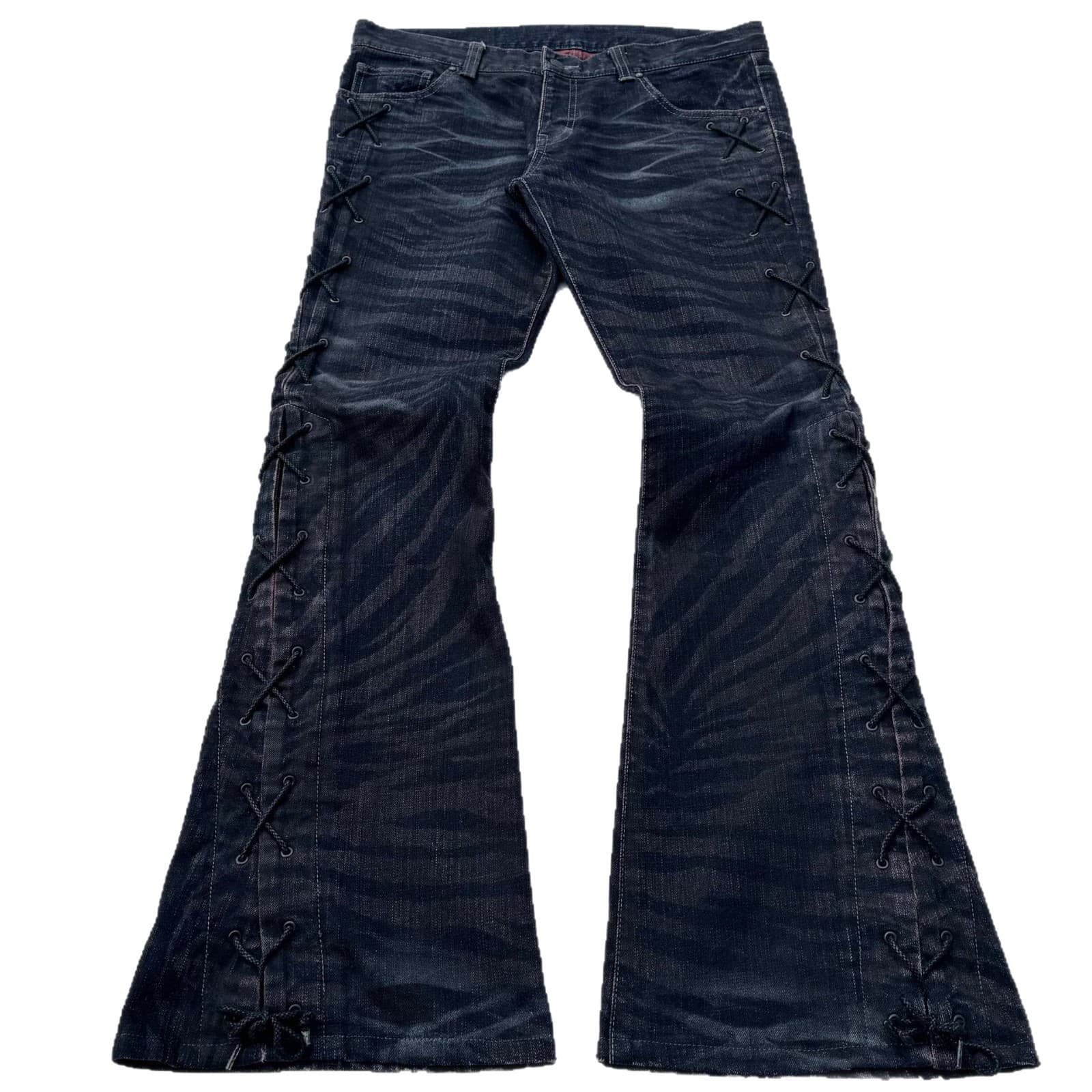 Y2K Cross-border European and American Retro Tiger Print Flared Jeans High Street Punk Dark Style Side Lace-up Washed Jeans