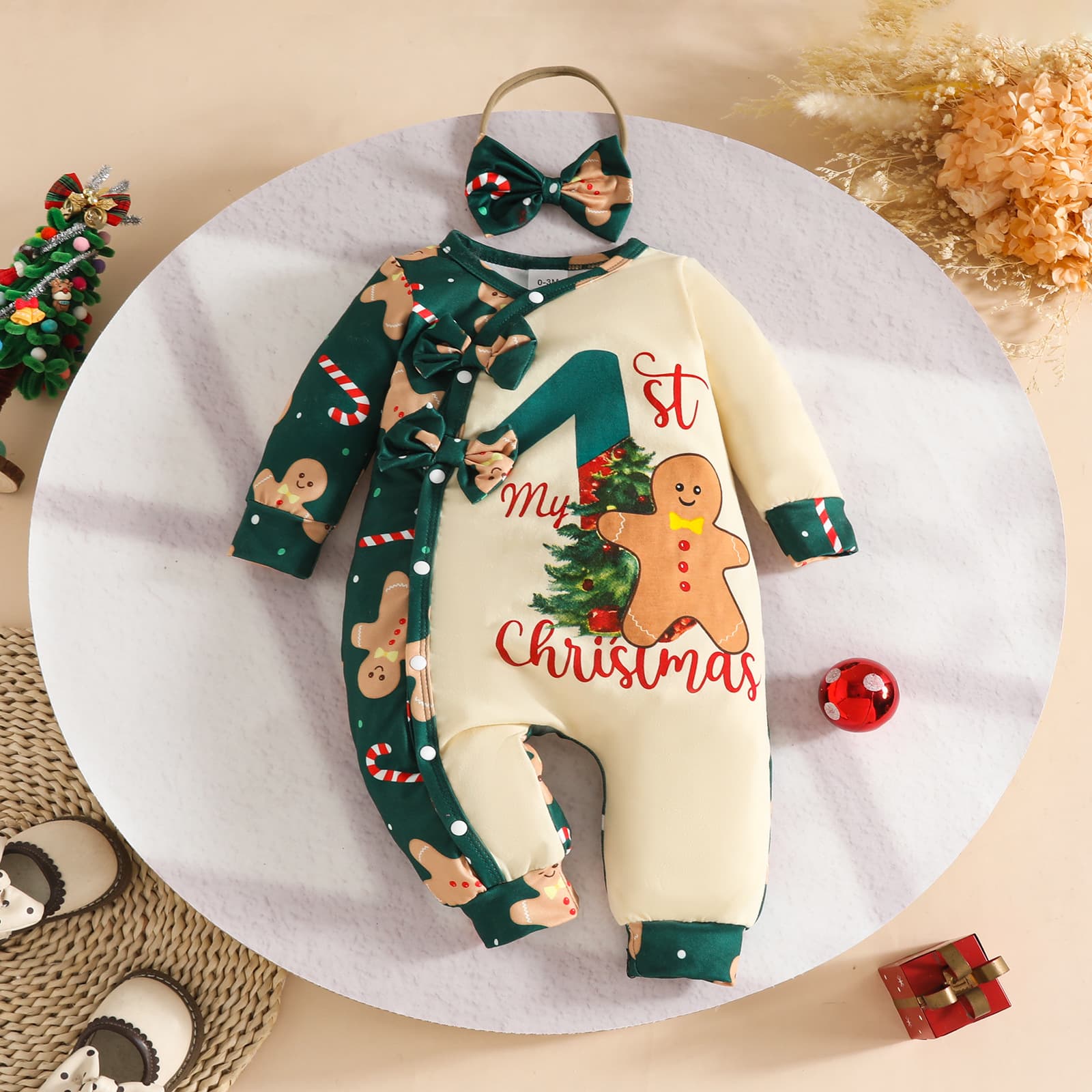 European and American Baby Christmas Long-Sleeve Romper with Gingerbread Santa Letter Print + Hair Tie